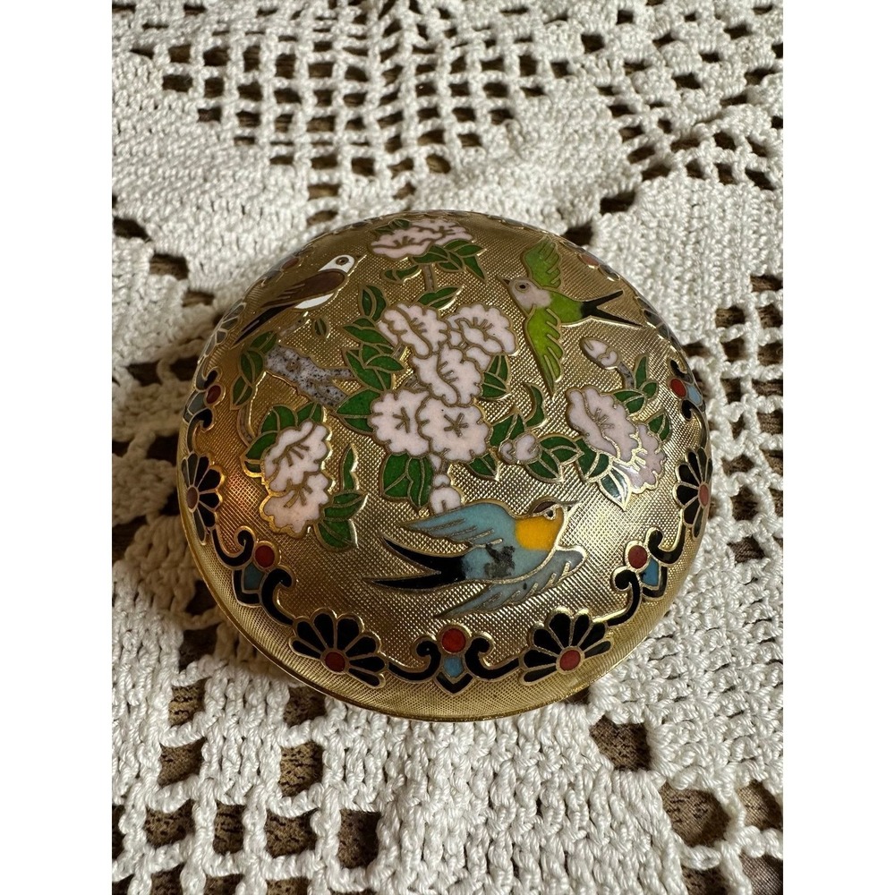 Vintage Cloisonné Trinket Box with Birds and Flowers Design